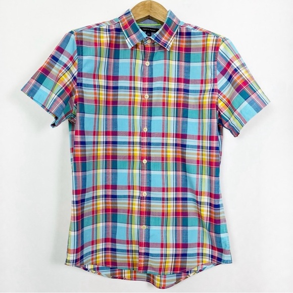Tommy Hilfiger Men’s Short Sleeve Blue Red Plaid Button Down Shirt Size‎ Large - Picture 7 of 8